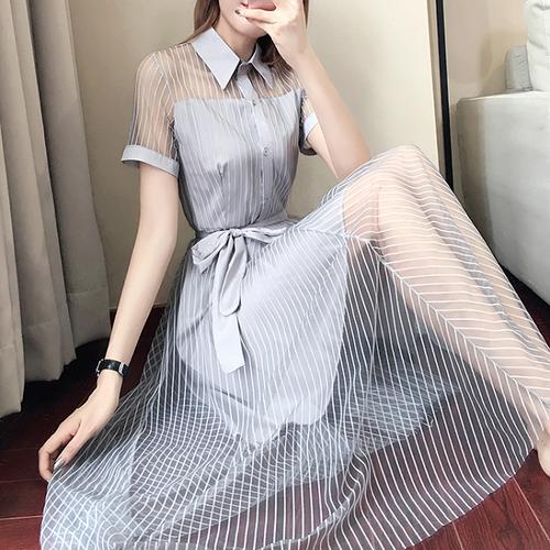 パーティードレス 結婚式 二次会 ワンピース ドレス シースルー シフォン ミモレ丈 半袖 夏 フェミニン 可愛い レディースファッション 透け感 ウエストマーク リボン お呼ばれ 大人可愛い 秋のワンピース