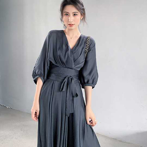 レディース ワンピース ひざ下丈 ミモレ丈 ミディ丈 7分袖 スモーキーグレー カシュクールデザイン 春 夏 大人かわいい 上品 きれいめ 清楚系 クール Vネック 30代 40代 お呼ばれ 結婚式 披露宴 二次会 入学式 卒業式 発表会 セレモニー 式典 ママ 春2020 トレ定 上20 式30