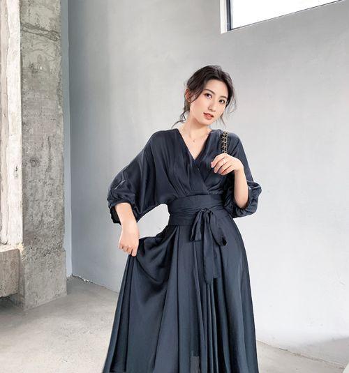 レディース ワンピース ひざ下丈 ミモレ丈 ミディ丈 7分袖 スモーキー