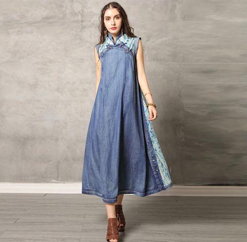 秋のワンピース 秋 ワンピース デニムワンピース 刺繍 ドレス 人気 2019年 半袖 七分丈 スリング ロングワンピース ロング丈 大きいサイズ 綿 新作 秋のワンピース 秋 ワンピース デニムワンピース 刺繍 ドレス 人気