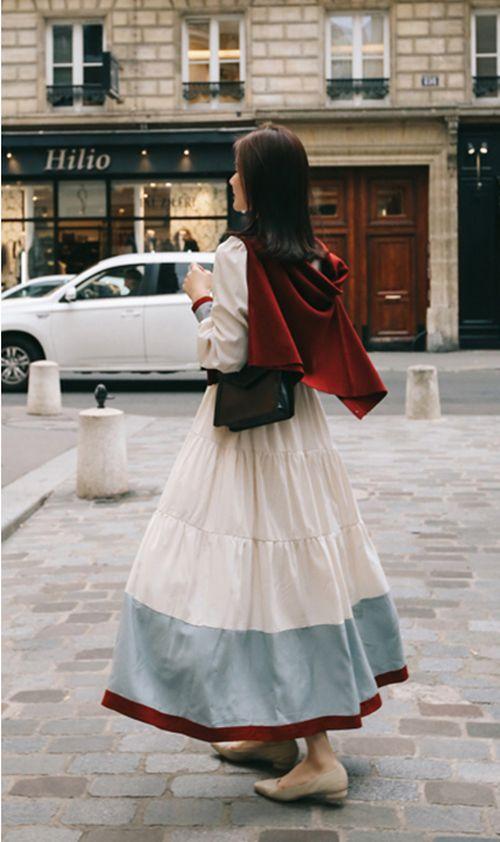 ロングワンピース ロング丈 レトロ バイカラ— ソリッドカラー 春先