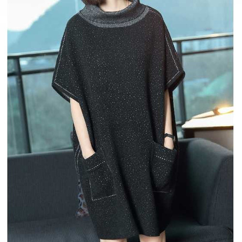 ウール ニット ドレス ワンピース セーター スカート 大きいサイズ 半袖 ミニ丈 タートルネック フロントポケット 秋 冬 ルーズ こなれ感 ラフ お呼ばれ パーティー レディース かわ大の通販は