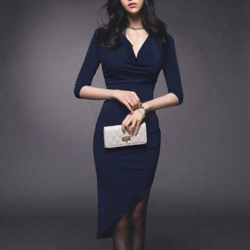 セクシー ドレス ワンピース ネイビー Ｖネック セクシー タイト フィット 5分袖 アシンメトリー 無地 シンプル お呼ばれ デート パーティー スリット レディース 上20 式30