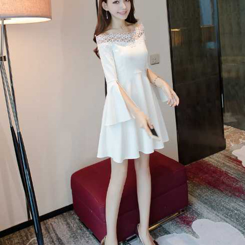 全３色 オフショルダー レース フレアドレス ワンピース ハイウエスト フリル フライング スリーブ ミニ丈 無地 ベーシック お呼ばれ パーティー 秋 大人 可愛い 上品 清楚 レディース 上20 かわ小 キレセク