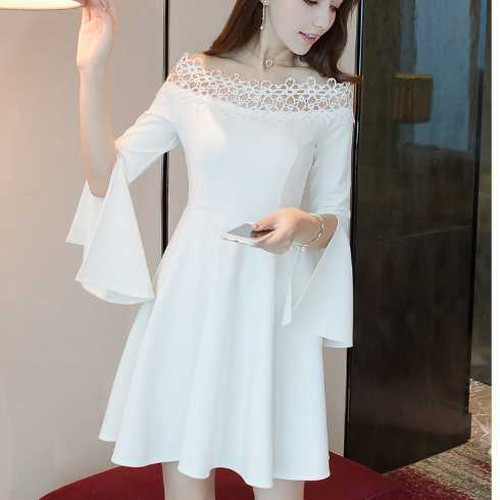 全3色 オフショルダー レース フレアドレス ワンピース ハイウエスト