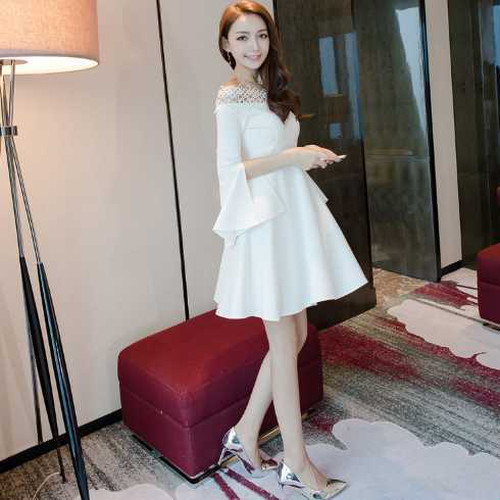 全３色 オフショルダー レース フレアドレス ワンピース ハイウエスト フリル フライング スリーブ ミニ丈 無地 ベーシック お呼ばれ パーティー 秋 大人 可愛い 上品 清楚 レディース 上20 かわ小 キレセク 全3色 オフショルダー レース フレアドレス ワンピース ハイウエスト