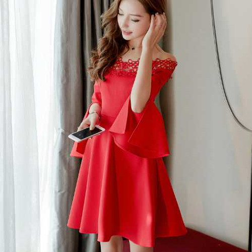 全3色 オフショルダー レース フレアドレス ワンピース ハイウエスト