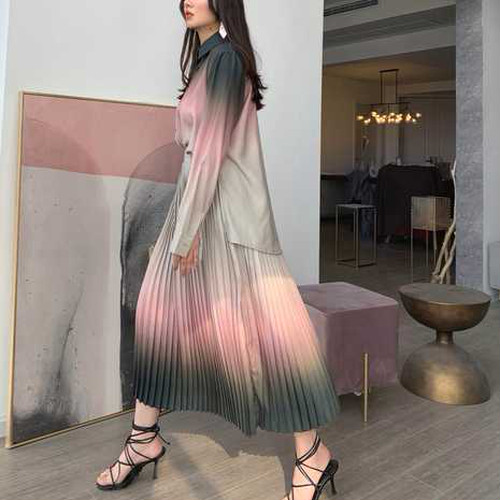 全2色 グラデーション プリーツスカート ロングスカート シンプル
