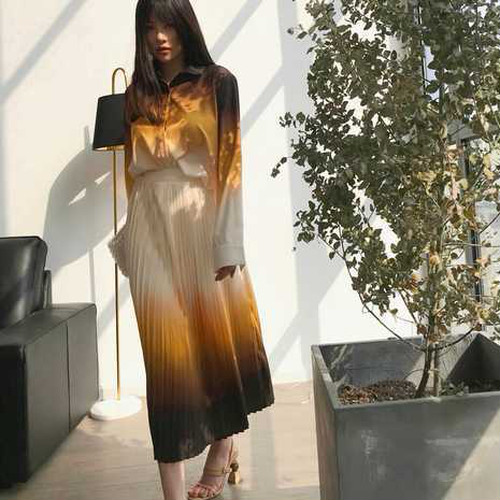 全2色 グラデーション プリーツスカート ロングスカート シンプル