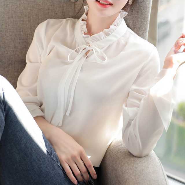 ブラウス シャツ ハイネック フリル リボン 長袖 ガーリー 大人可愛い デート 通勤 オフィス 大きいサイズ かわ小 かわ大 ロマ ブラウス シャツ ハイネック フリル リボン 長袖 ガーリー 大人