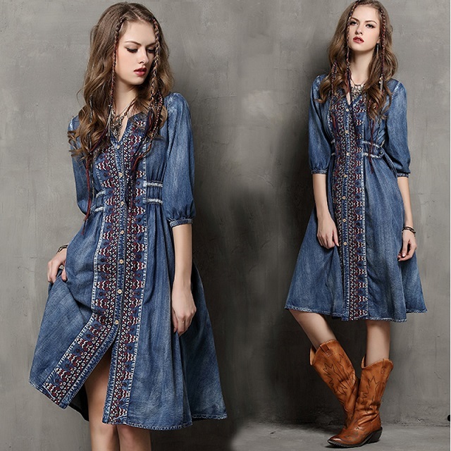 ワンピース ボヘミアン 刺繍 デニムワンピース  ワンピース 結婚式 ドレス 結婚式 パーティードレス ドレス 二次会 パーティ 入園式 卒業式 入学式 発表会 セレブ OL レディース レデイス キレセク