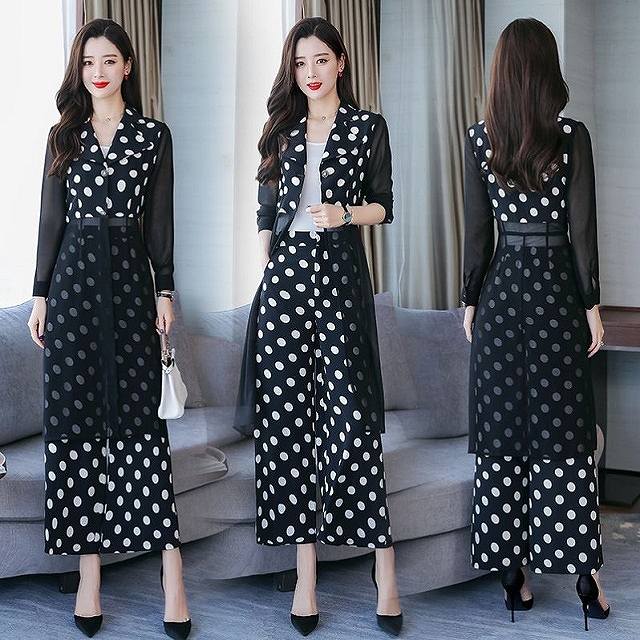 セットアップ ツーピース ジャケット パンツ スーツ ストライプ柄 ドット柄 長袖 ワイドパンツ シースルー エレガント オシャレ 大人かわいい キレセク