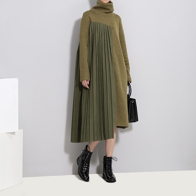 ワンピ—ス ロング衣装 長袖 ロング うつり変わり 筋目 レディース A生産ライン ハイネック 異原料品 流行り物 ボトルネック タートルネック 途轍も無い大きさ 全2色 キレセク