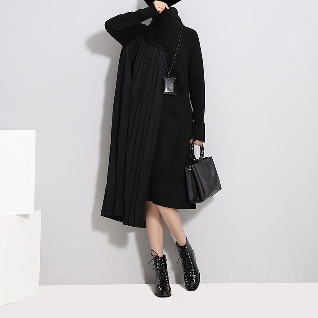 ワンピ—ス ロング衣装 長袖 ロング うつり変わり 筋目 レディース A生産ライン ハイネック 異原料品 流行り物 ボトルネック タートルネック 途轍も無い大きさ 全2色 キレセク
