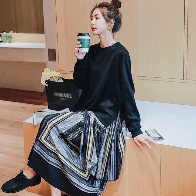 ワンピース ニットワンピース ロングワンピース レディース 長袖 ドッキングワンピース ニットワンピース ニット プリーツスカート 幾何学模様 ロングワンピ プリーツ 長袖ワンピース ニットワンピ きれいめ 清楚 上品 キレセク