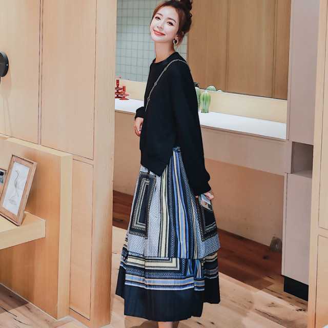 ワンピース ニットワンピース ロングワンピース レディース 長袖 ドッキングワンピース ニットワンピース ニット プリーツスカート 幾何学模様 ロングワンピ プリーツ 長袖ワンピース ニットワンピ きれいめ 清楚 上品 キレセク