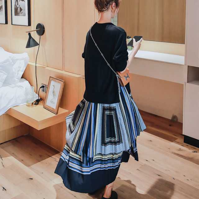 ワンピース ニットワンピース ロングワンピース レディース 長袖 ドッキングワンピース ニットワンピース ニット プリーツスカート 幾何学模様 ロングワンピ プリーツ 長袖ワンピース ニットワンピ きれいめ 清楚 上品 キレセク
