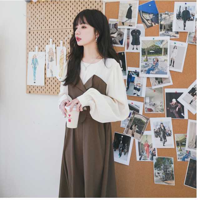 ワンピース パッチワークワンピース ワンピ パッチワーク 重ね着風 重ね着ファッション アシンメトリー 春 秋 長袖 ロング丈 ロング キュート キレセク