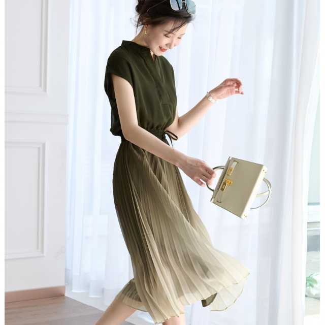 ワンピース プリーツワンピース レディース ミディアム丈 ミモレ丈 グラデーション スキッパーネック 半袖 フレンチスリーブ プリーツスカート ウエストギャザー ウエストリボン 春 夏 キレセク