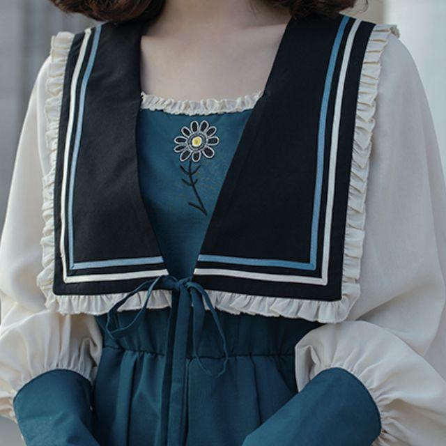 ワンピース ロング丈 マキシ丈 くるぶし丈 襟 ファンシー リボン 刺繍 セーラー キャラクター ファンタジー かわいい 着痩せ 秋 冬 夢かわ_5