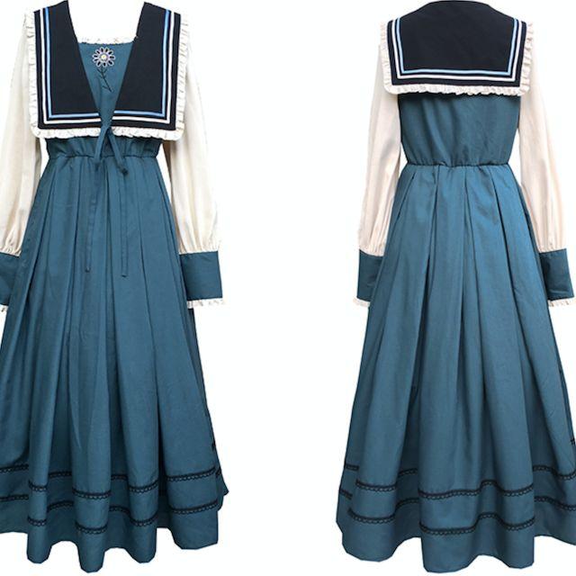 ワンピース ロング丈 マキシ丈 くるぶし丈 襟 ファンシー リボン 刺繍 セーラー キャラクター ファンタジー かわいい 着痩せ 秋 冬 夢かわ_6