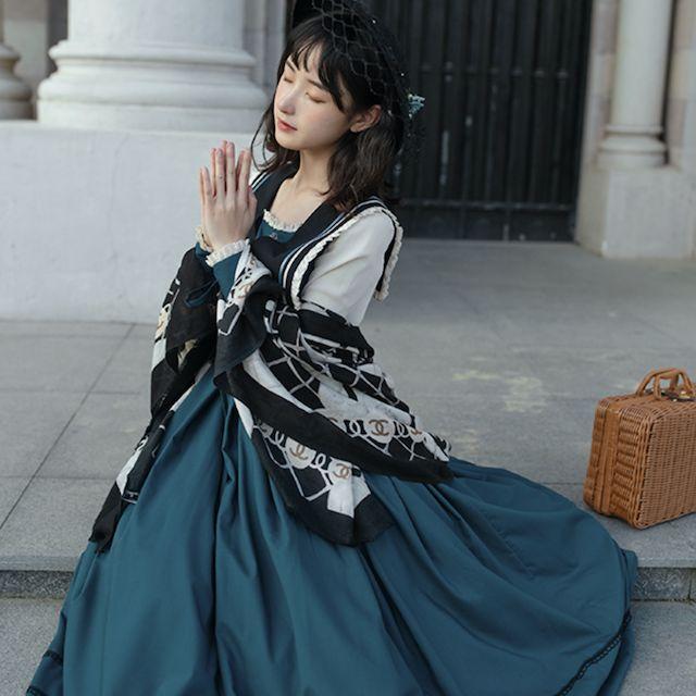 激レア！ 未使用品✨ コルコバード ロングワンピース マキシ丈 リボン ブルー ワンピース ロング丈 マキシ丈 くるぶし丈 襟 ファンシー リボン