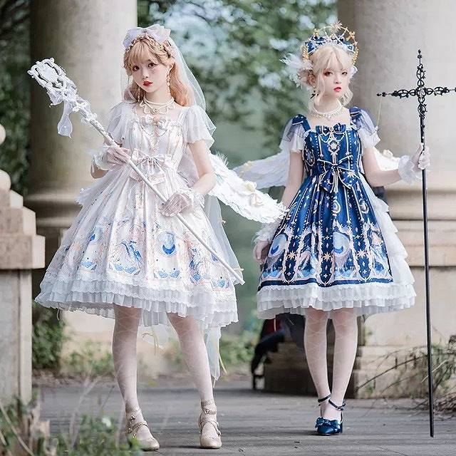 ロリータ 双子 ワンピース フェアリーガール 星空デザイン リボン 異素材mix お茶会 衣裳 イベント お揃い 夢かわ ロリータ 双子 ワンピース フェアリーガール 星空デザイン リボン 異