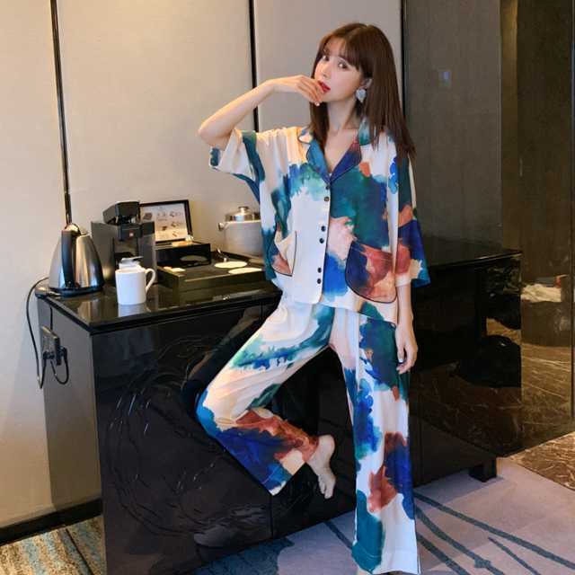 ルームウェア パジャマ 半袖 レディース ナイトウェア 上品 春 夏 秋 上下セット 模様 おしゃれ 長ズボン 半ズボン Vネック 前開き 部屋着 寝間着 寝巻き 涼しい セットアップ キレセク