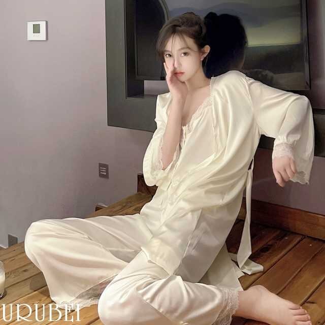 ルームウエア パジャマ レディース 3点セット アイスシルク レース