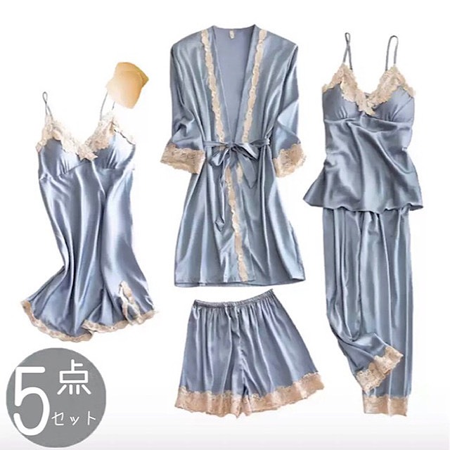 おしゃれ パジャマ レディース ワンピース 人気 新作 セットアップ レディース パジャマ ルームウェア 高級 5点セット 上下セット 部屋着 パジャマ 体形 体型カバー かわ大 Roomwear