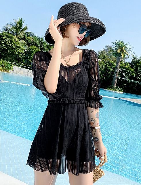 水着 ワンピース レディース 大きいサイズ 体型カバー 黒 半袖 ぽっちゃり ママ 水着 ビーチ シースルー ストライプ かわ大 ワンピース水着 水20 水30 水40 水着 ワンピース レディース 大きいサイズ 体型カバー 黒 半袖