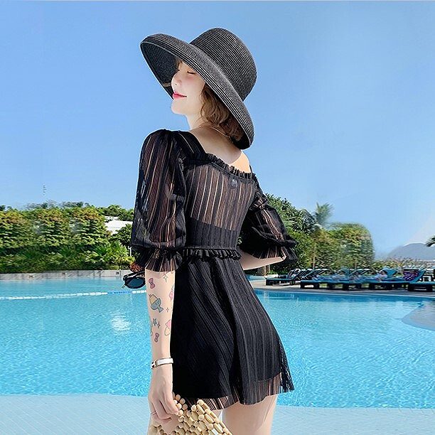 水着 ワンピース レディース 大きいサイズ 体型カバー 黒 半袖 ぽっちゃり ママ 水着 ビーチ シースルー ストライプ かわ大 ワンピース水着 水20 水30 水40 水着 ワンピース レディース 大きいサイズ 体型カバー 黒 半袖