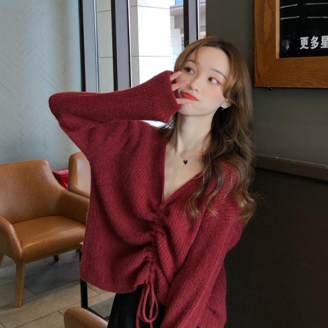 トップス レディース ニット セーター レディース トップス Vネック 長袖 萌え袖 体型カバー シンプル 秋 冬 リボン きれいめ カジュアル シャーリング ギャザー キレナチュ トップス レディース ニット セーター レディース トップス Vネック