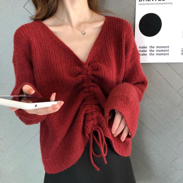 トップス レディース ニット セーター レディース トップス Vネック 長袖 萌え袖 体型カバー シンプル 秋 冬 リボン きれいめ カジュアル シャーリング ギャザー キレナチュ
