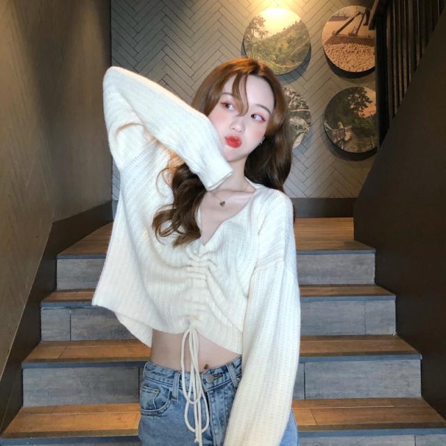 トップス レディース ニット セーター レディース トップス Vネック 長袖 萌え袖 体型カバー シンプル 秋 冬 リボン きれいめ カジュアル シャーリング ギャザー キレナチュ トップス レディース ニット セーター レディース トップス Vネック