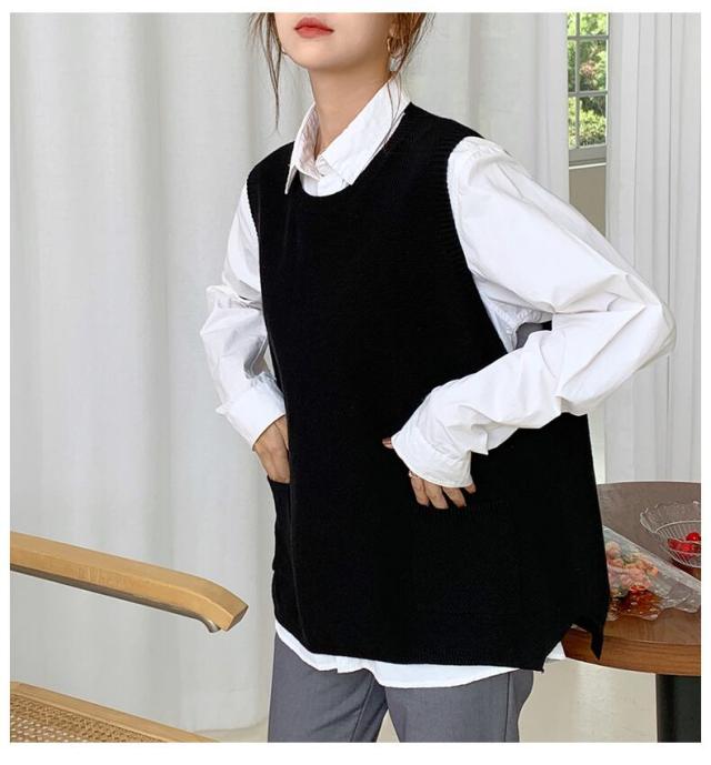 ニットベスト レディース 重ね着 ベスト ノースリーブ ラウンドネック おしゃれ カジュアル トップス 無地 お出かけ デイリー 通勤 オフィス リボン 黒 秋 冬 キレナチュ ニットベスト レディース 重ね着 ベスト ノースリーブ ラウンドネック