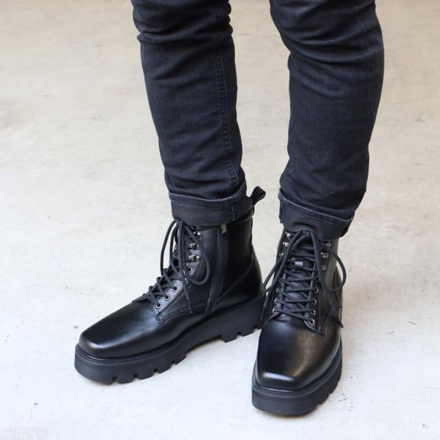 レースアップブーツ メンズ スクエアトゥ 9ホール 編み上げ 厚底 タンクソール ショートブーツ 5cmヒール No.6320 25.0cm〜27.0cm 黒 ブラック Dedes デデス