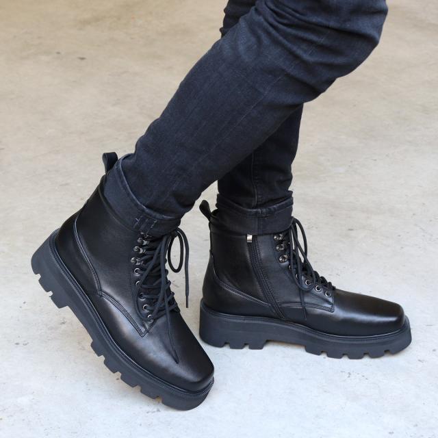 レースアップブーツ メンズ スクエアトゥ 9ホール 編み上げ 厚底 タンクソール ショートブーツ 5cmヒール No.6320 25.0cm〜27.0cm 黒 ブラック Dedes デデス