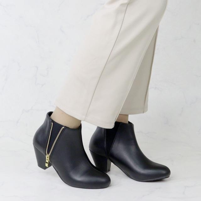 ブーツ レディース ショートブーツ サイドゴア 6.5cmヒール 飾り