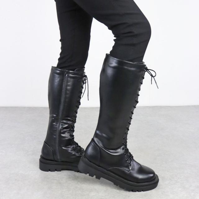 ブーツ レディース メンズ ユニセックス レースアップ 厚底 ロング丈 5cmヒール No.9090 22.0-27.0cm 黒 リバティードール_4