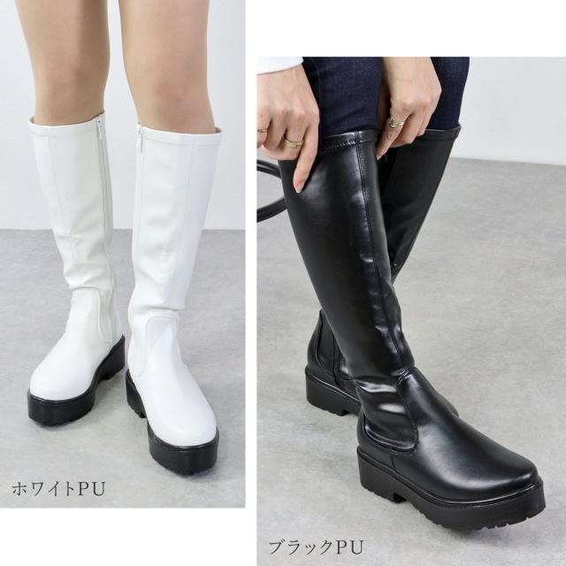 ブーツ レディース 厚底 5cmヒール 美脚 ロング丈 サイドジップ 履きやすい ストレッチ素材 歩きやすい ストーム 22.5-25.0cm No.1544 白 黒 防寒 履き口 スタイルアップ ブラック ホワイト 疲れにくい やわらかい 韓国 ファッション 秋 冬 LOVEHUNTER ラブハンター_5