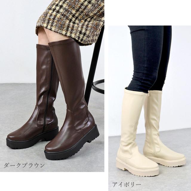 ブーツ レディース 厚底 5cmヒール 美脚 ロング丈 サイドジップ 履きやすい ストレッチ素材 歩きやすい ストーム 22.5-25.0cm No.1544 白 黒 防寒 履き口 スタイルアップ ブラック ホワイト 疲れにくい やわらかい 韓国 ファッション 秋 冬 LOVEHUNTER ラブハンター_6