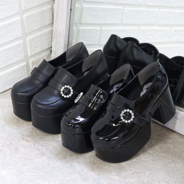 ローファー レディース 厚底 10cmヒール ビジュー 飾り ストラップ 