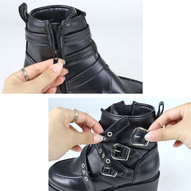 ショートブーツ レディース 厚底 8.0cmヒール ベルト サイドジップ No.1615 22.5-24.5cm 黒 LOVEHUNTER ラブハンター_2