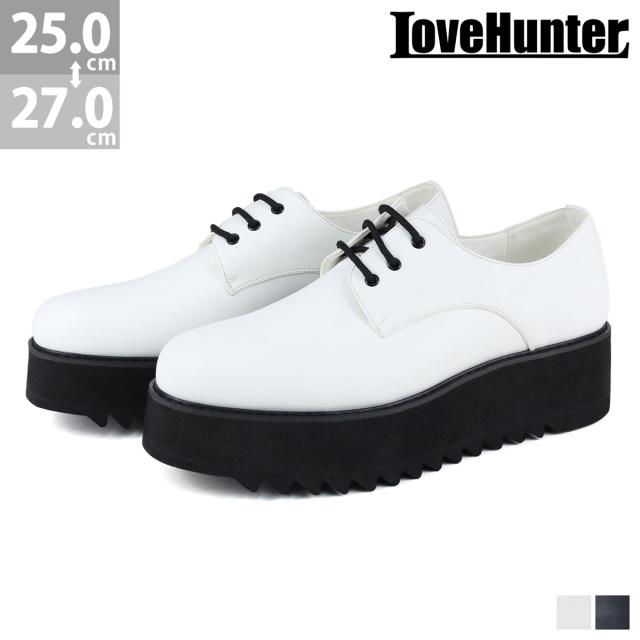 カジュアルシューズ メンズ レースアップ 外羽根 プレーントゥ 3ホール 厚底 シャークソール 脚長 防滑 おしゃれ 5.5cmヒール No.1712 25.0cm〜27.0cm 黒 ブラック LOVEHUNTER ラブハンター