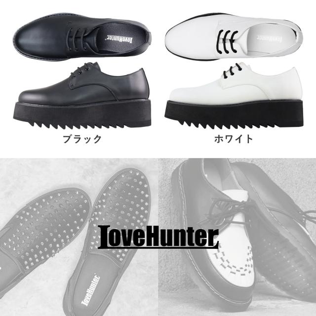 カジュアルシューズ メンズ レースアップ 外羽根 プレーントゥ 3ホール 厚底 シャークソール 脚長 防滑 おしゃれ 5.5cmヒール No.1712 25.0cm〜27.0cm 黒 ブラック LOVEHUNTER ラブハンター