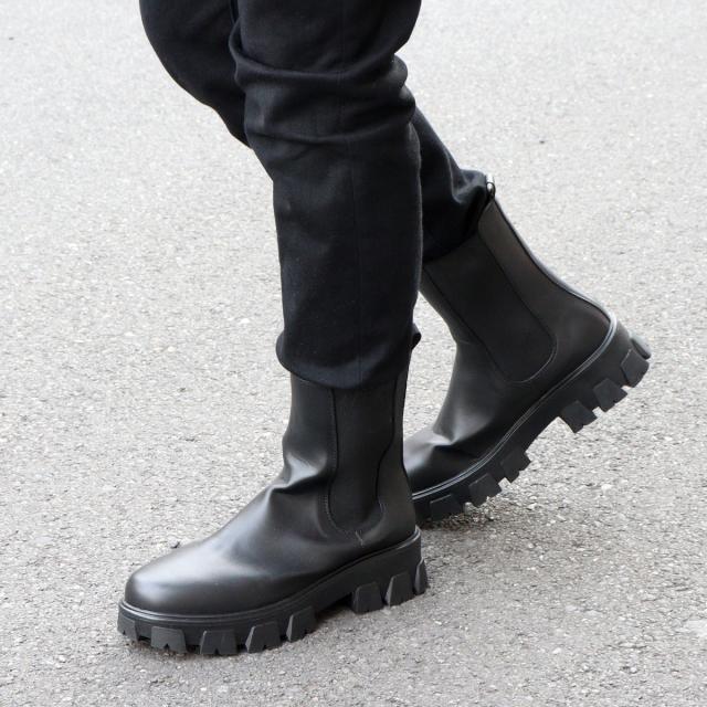 サイドゴアブーツ メンズ ラウンドトゥ タンクソール 防滑 ミドルブーツ 厚底 5cmヒール No.1719 25.0cm〜27.0cm 黒 ブラック LOVEHUNTER ラブハンター