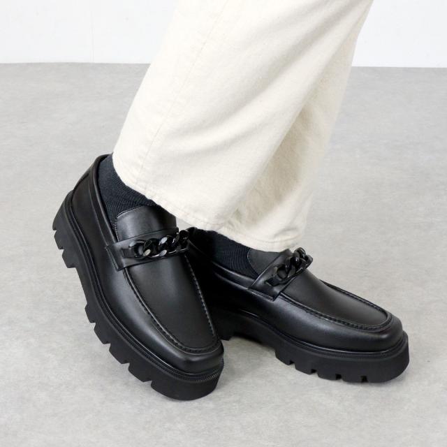 ローファー メンズ タンクソール スクエアトゥ 厚底 身長アップ 4.5cmヒール No.1731 25.0cm〜27.0cm 黒 ブラック LOVEHUNTER ラブハンター ボリュームソール チェーンモチーフ スタイルアップ 歩きやすい 安定感 履きやすい