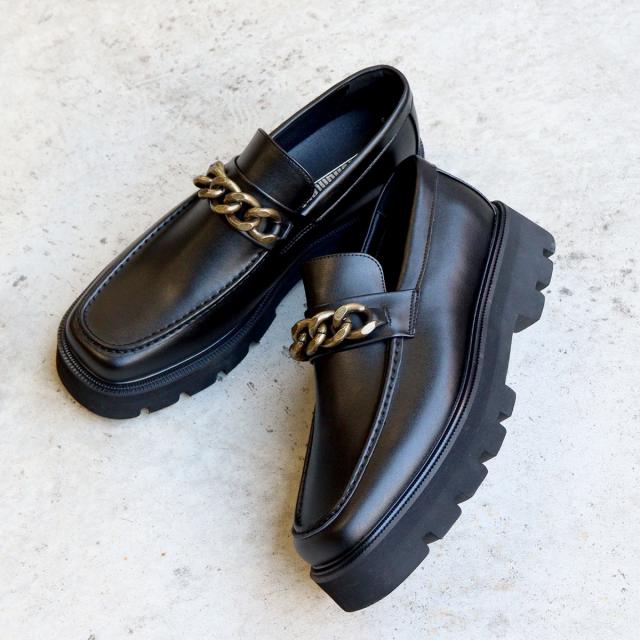 ローファー メンズ タンクソール スクエアトゥ 厚底 身長アップ 4.5cmヒール No.1731 25.0cm〜27.0cm 黒 ブラック LOVEHUNTER ラブハンター ボリュームソール チェーンモチーフ スタイルアップ 歩きやすい 安定感 履きやすい