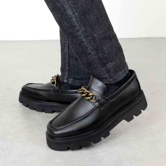 ローファー メンズ タンクソール スクエアトゥ 厚底 身長アップ 4.5cmヒール No.1731 25.0cm〜27.0cm 黒 ブラック LOVEHUNTER ラブハンター ボリュームソール チェーンモチーフ スタイルアップ 歩きやすい 安定感 履きやすい